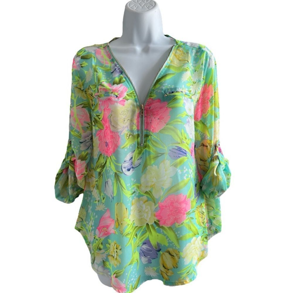LAC BLEU Neon Flower Printed Zipper Neckline Lightweight Woman’s Blouse size M